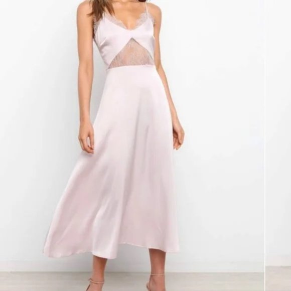 Petal & Pup Ariel Blush Satin Lace A-line Midi Tea Length Dress, NWT 6US - Picture 1 of 7
